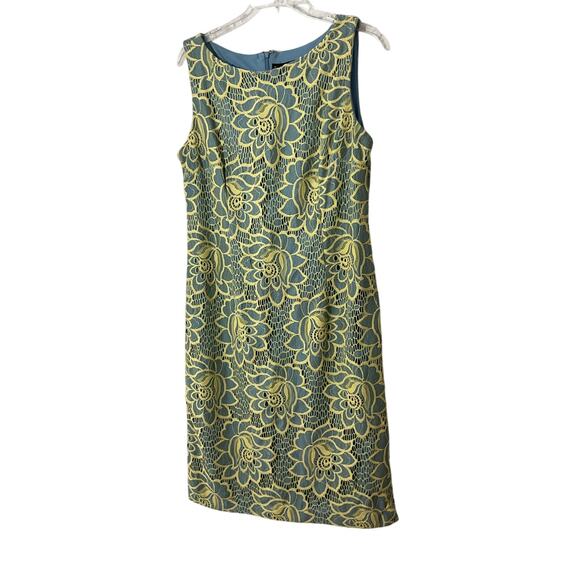Chetta B Sleeveless Shift Dress Size 10 Blue Yellow Lace Accent - Picture 2 of 5